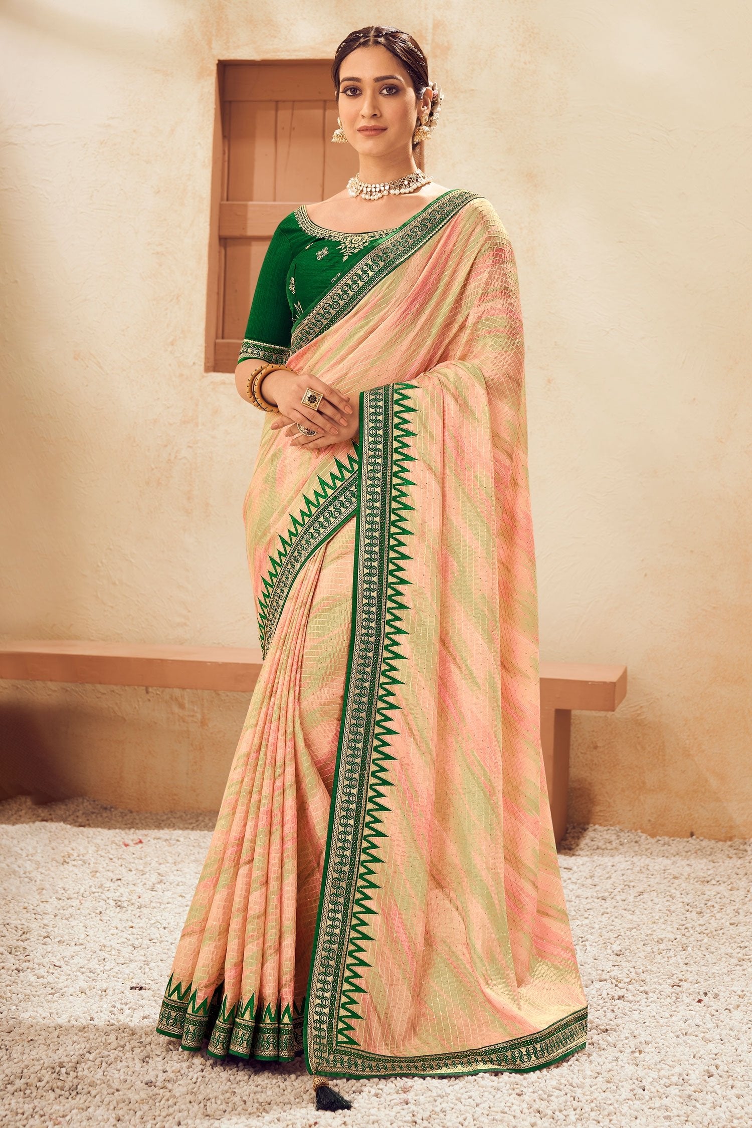 MySilkLove Sidecar Cream and Green Embroidered Chinon Saree