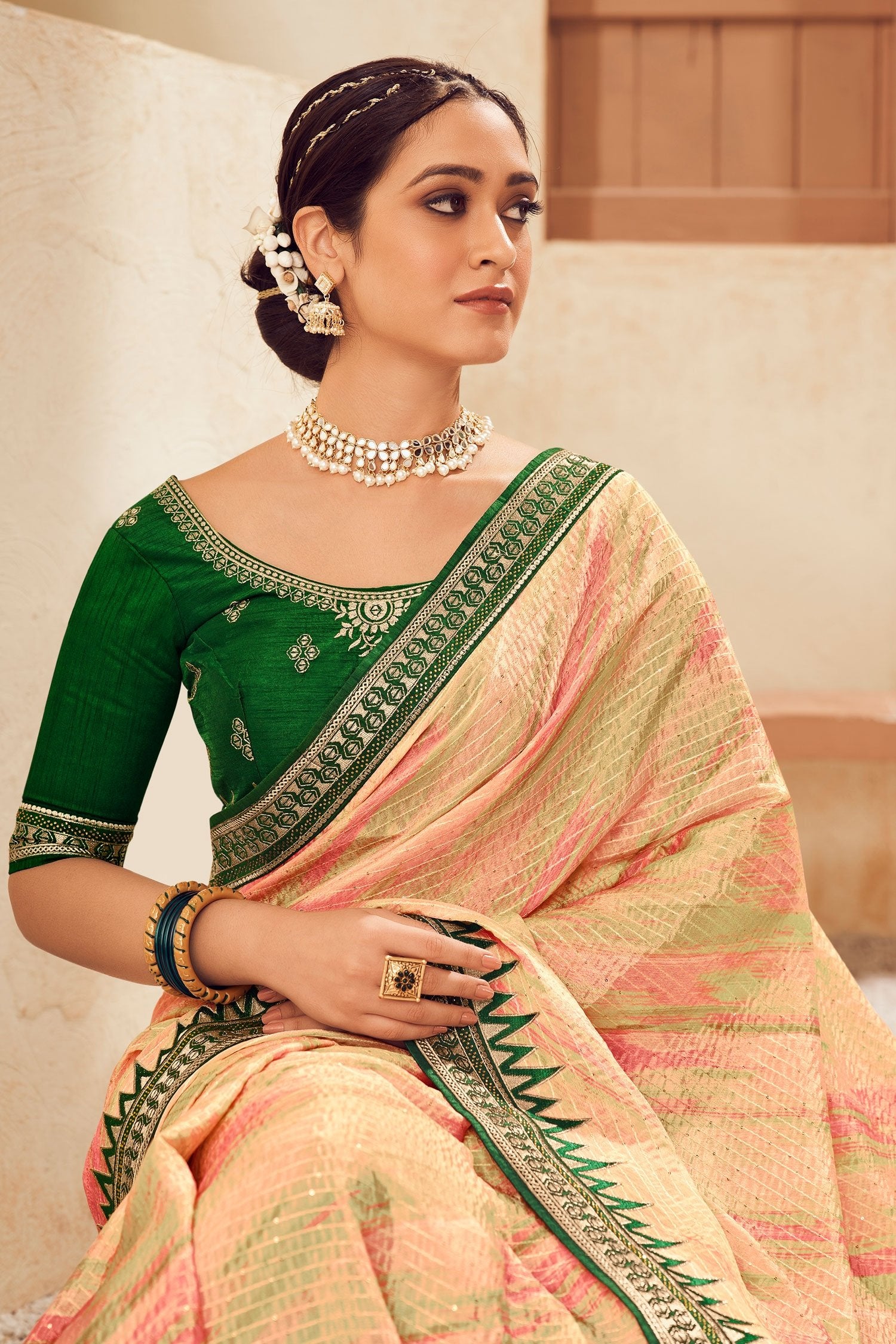 Buy MySilkLove Sidecar Cream and Green Embroidered Chinon Saree Online