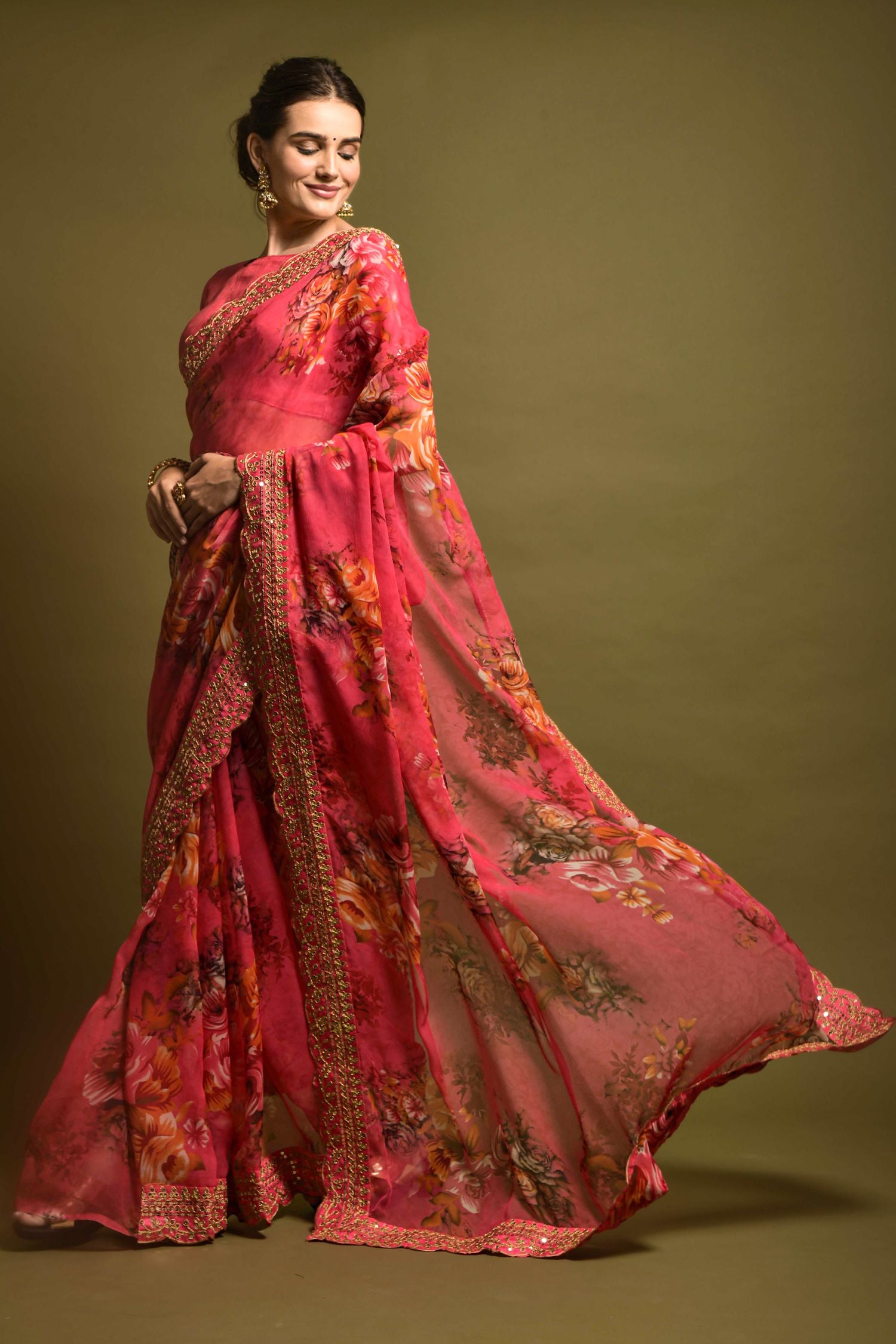 Buy MySilkLove Roman Pink Georgette Printed Silk Saree Online