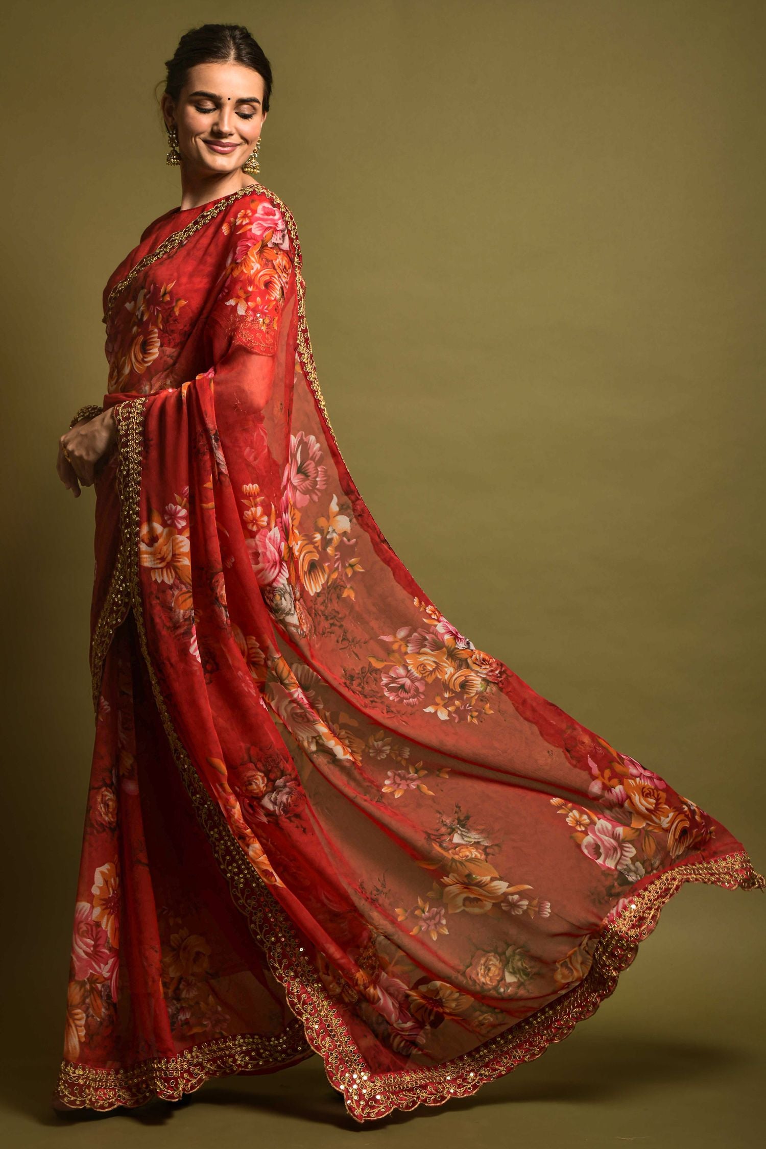 MySilkLove Persian Red Georgette Printed Silk Saree
