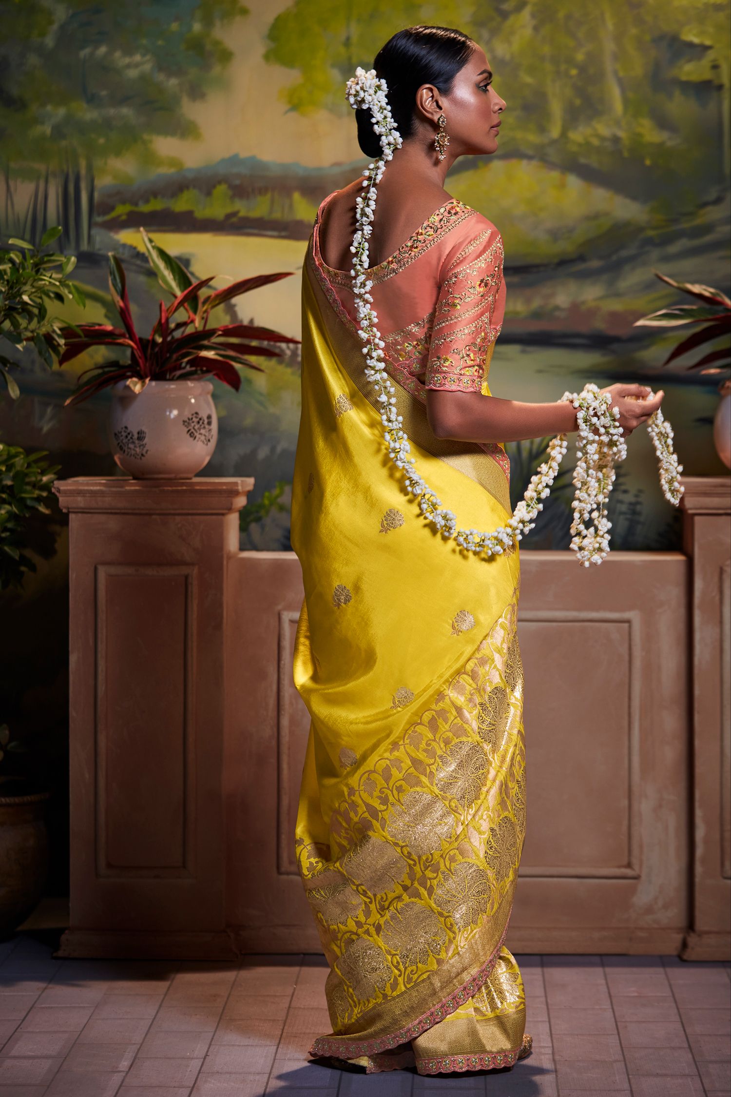 Buy MySilkLove Chenin Yellow Banarasi Silk Floral Woven Saree Online