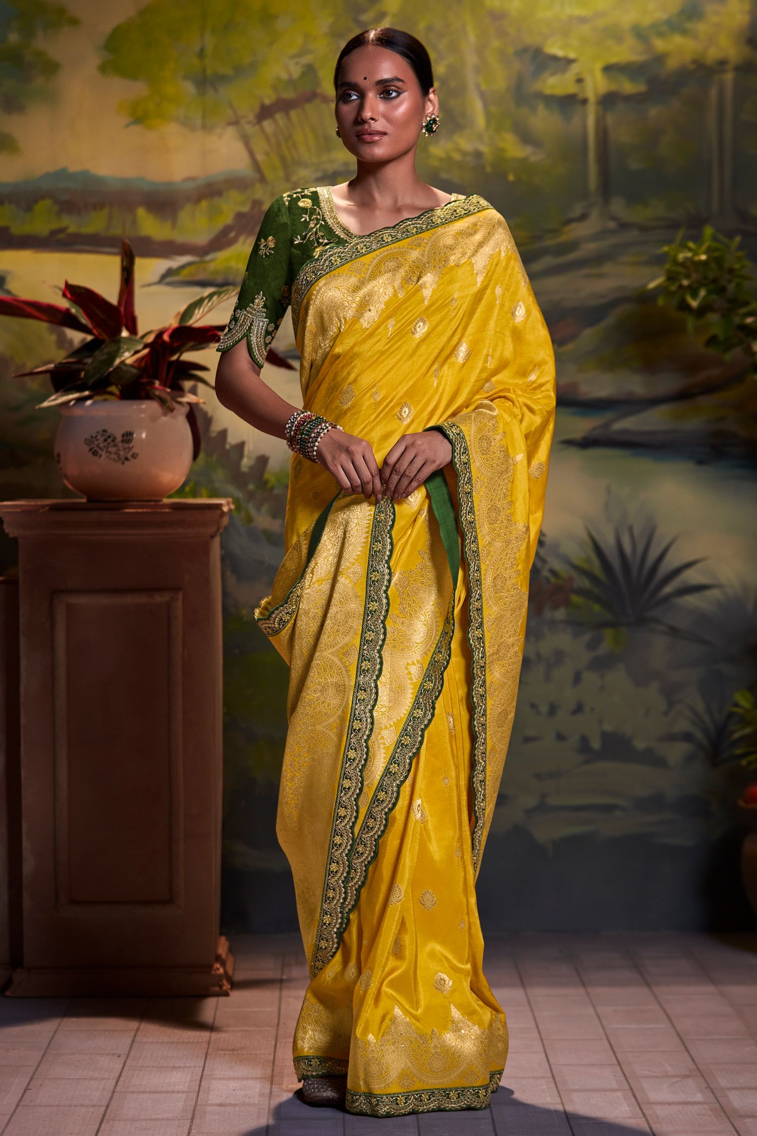 Buy MySilkLove Gold Tips Yellow Banarasi Silk Floral Woven Saree Online