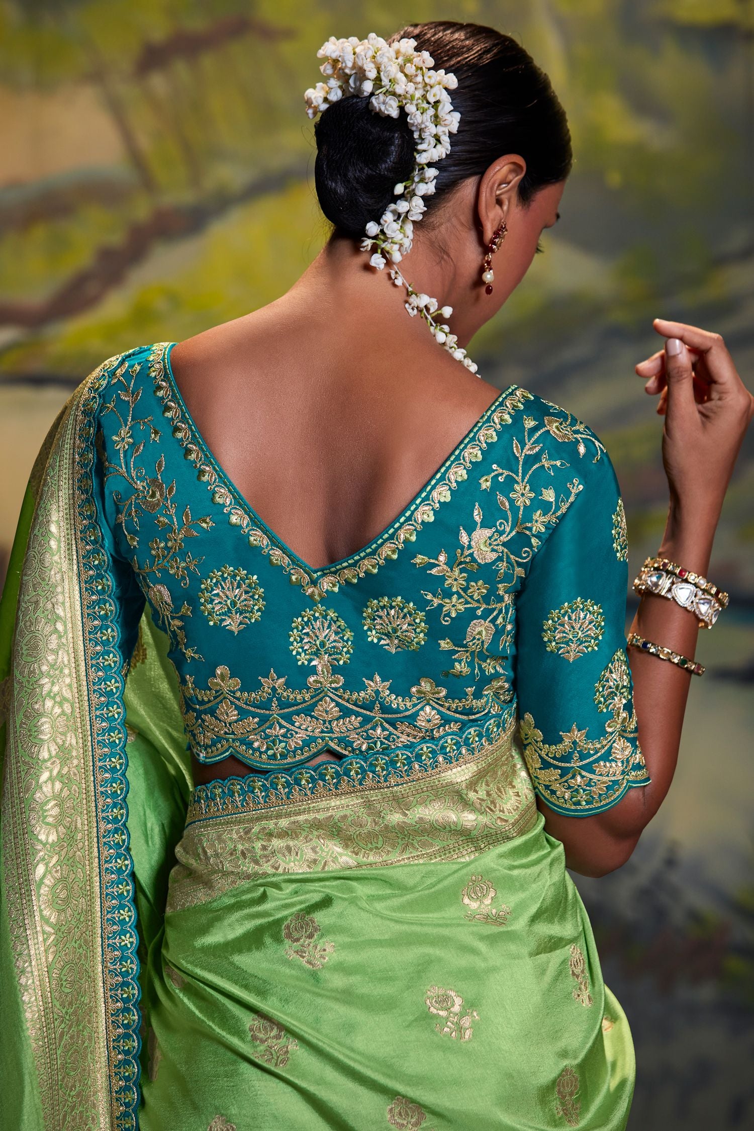 Buy MySilkLove Feijoa Green Banarasi Silk Floral Woven Saree Online