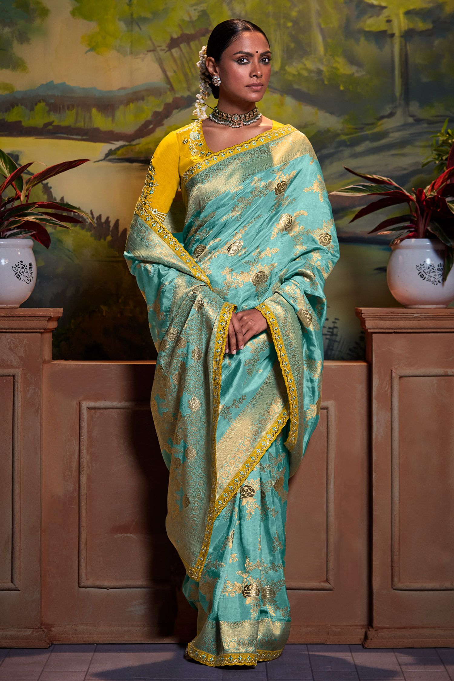 Sky Blue Banarasi Silk Floral Woven Saree