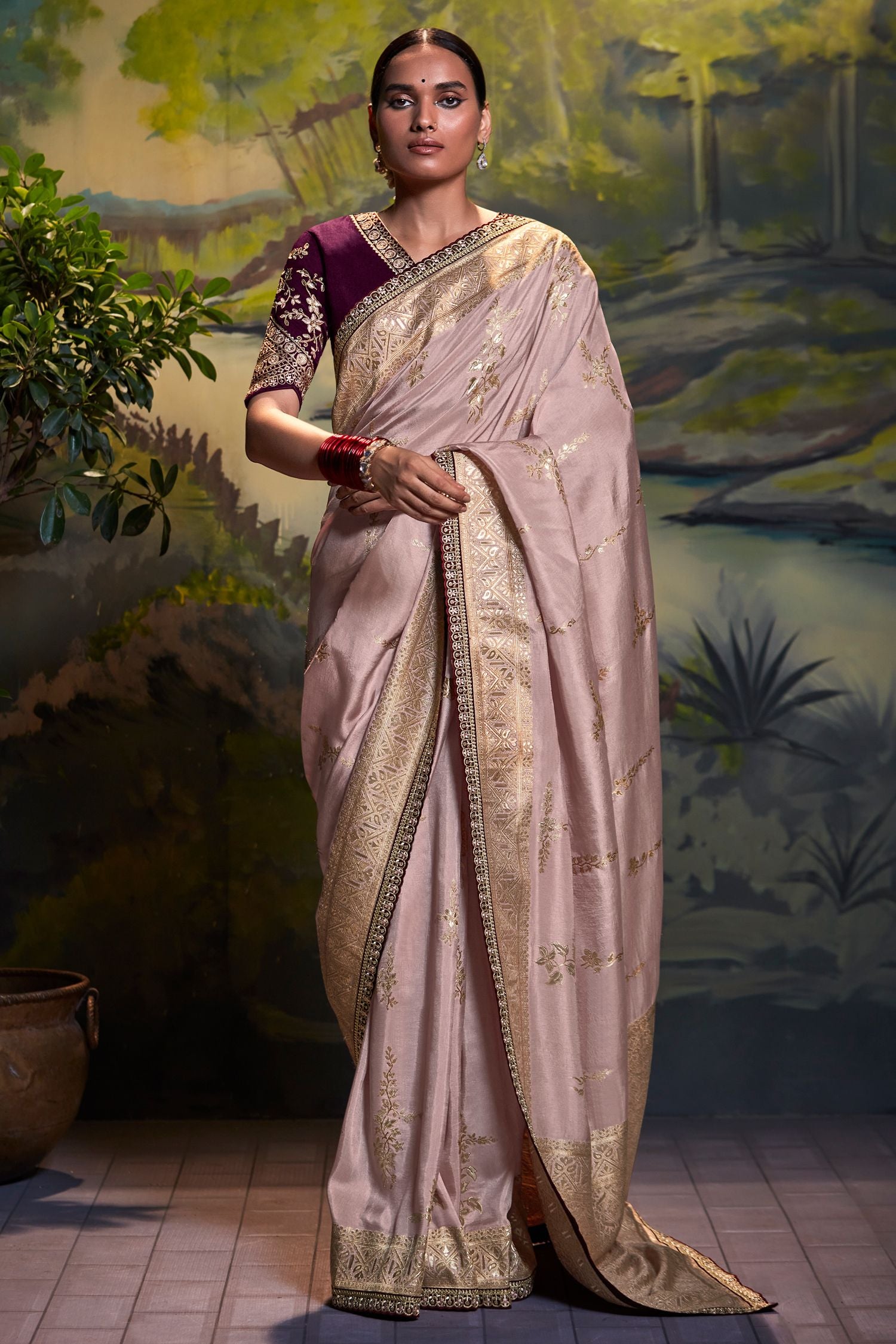 Buy MySilkLove Thatch Purple Banarasi Silk Floral Woven Saree Online