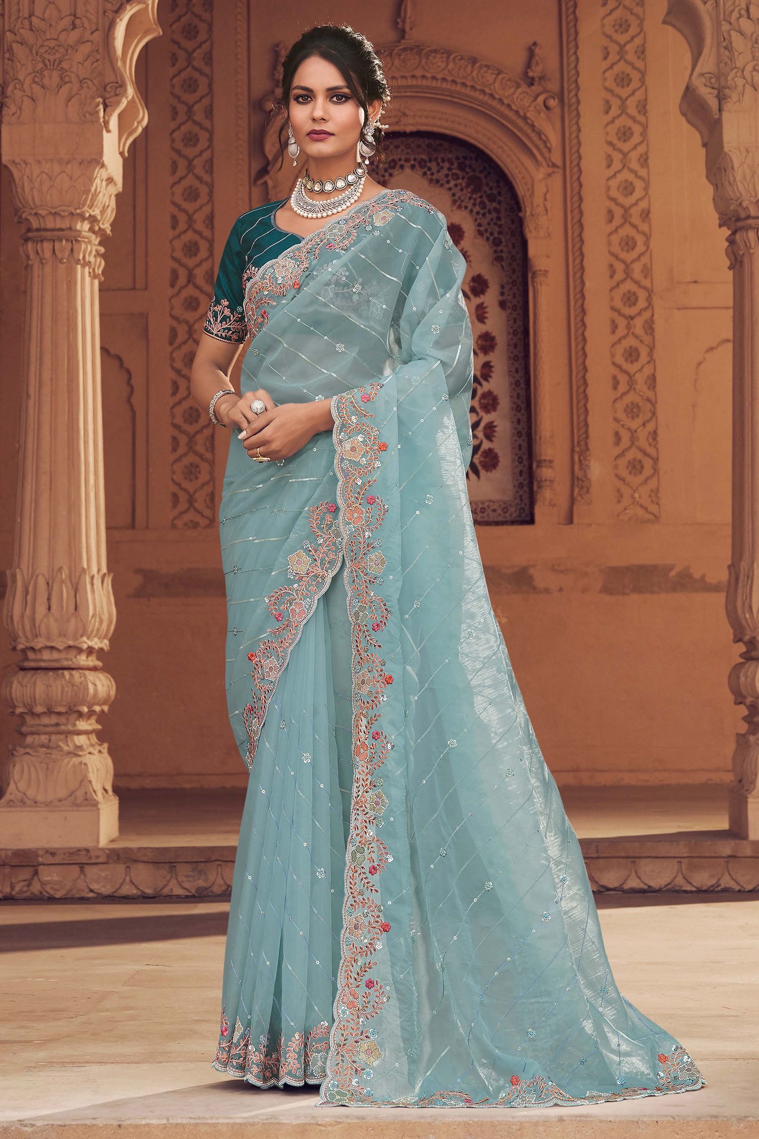 Buy MySilkLove Blue Smoke Organza Silk with Embroidered Designer Saree Online