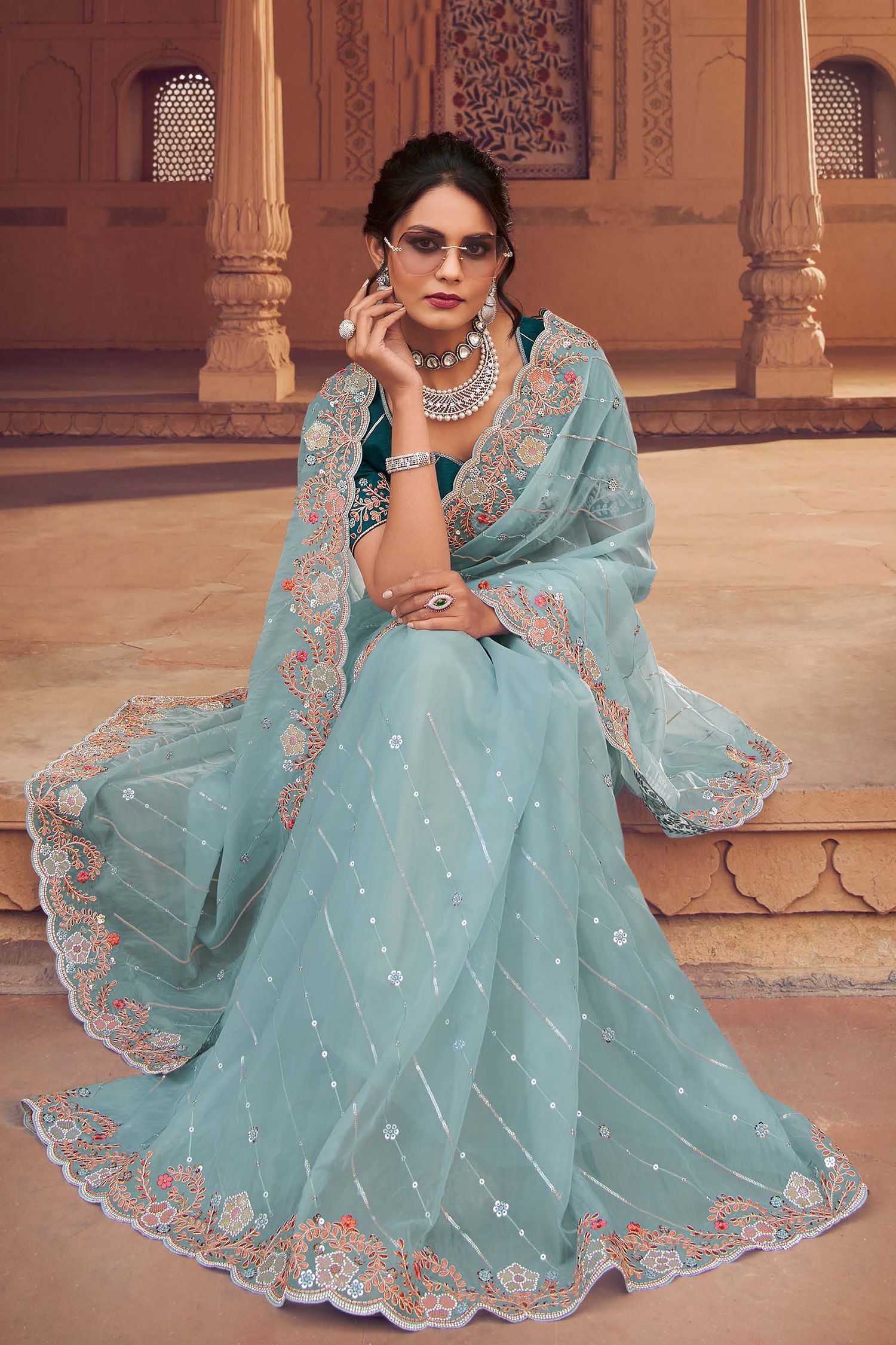 Buy MySilkLove Blue Smoke Organza Silk with Embroidered Designer Saree Online