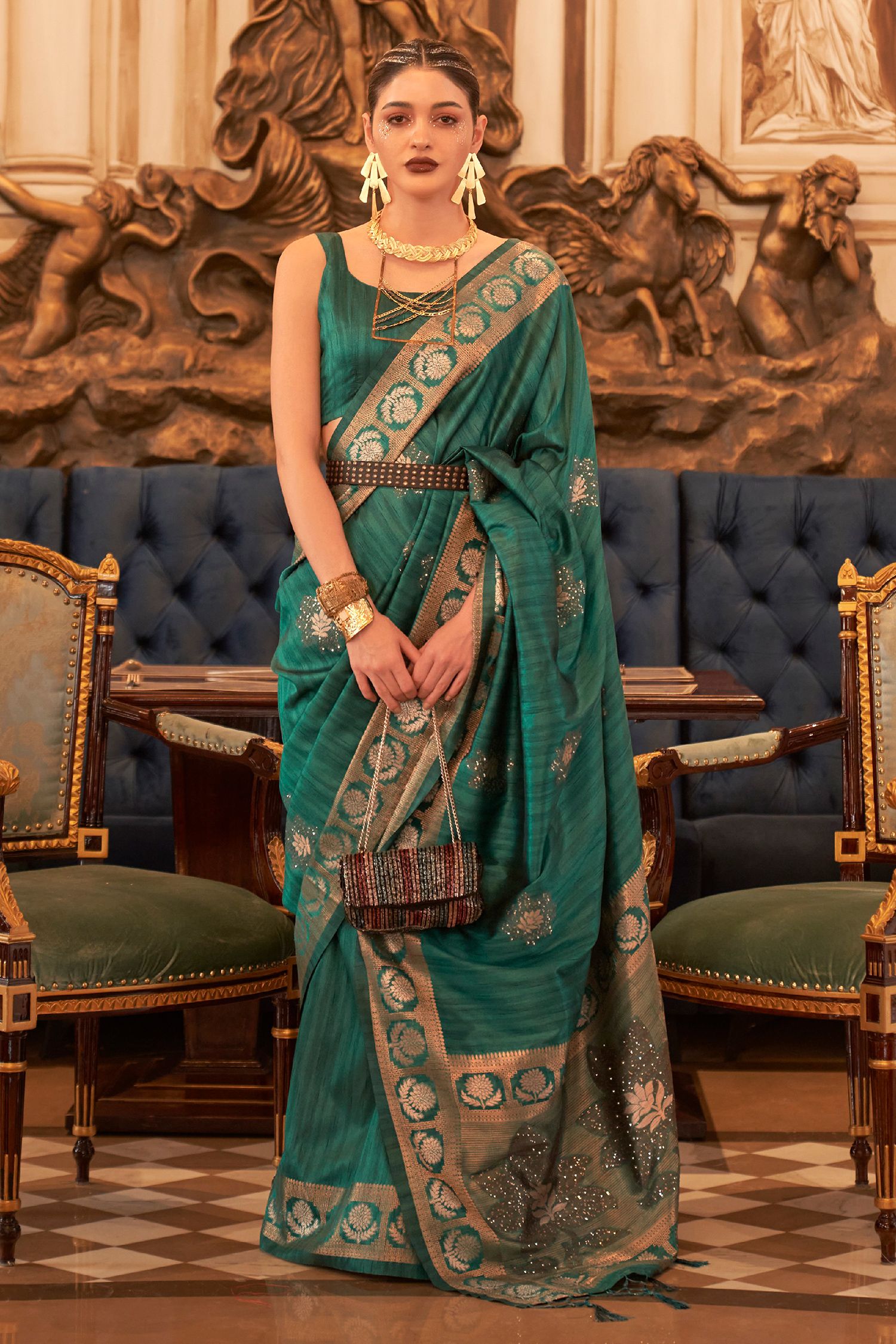 Buy MySilkLove Spring Leaves Green Woven Tussar Silk Saree Online