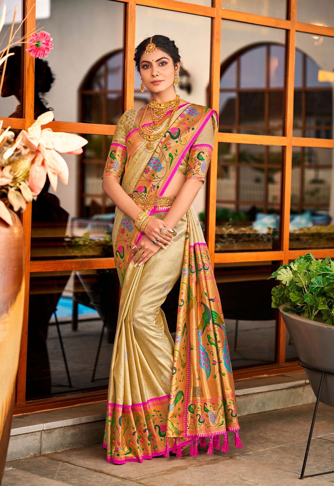 Buy MySilkLove Golden Straw Cream Woven Paithani Silk Saree Online