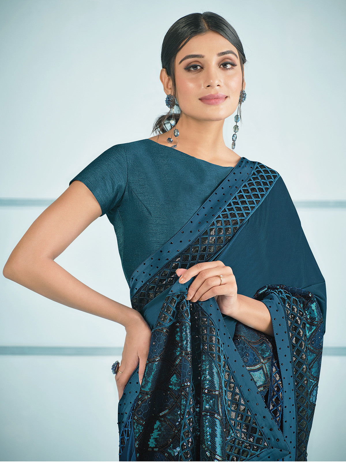 MySilkLove Bismark Blue Embroidery Designer Georgette Partywear Saree